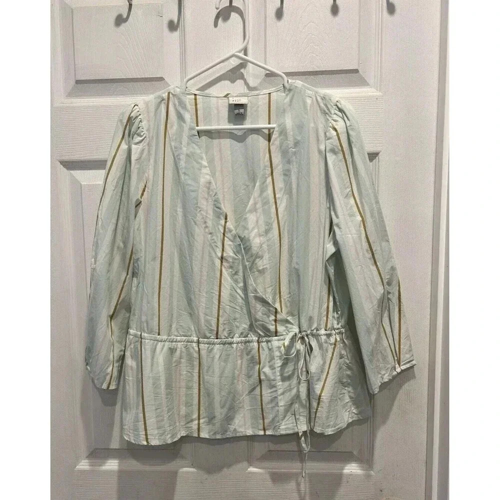 A New Day 100% Cotton Mint Green Striped Faux Wrap Blouse Size Large
